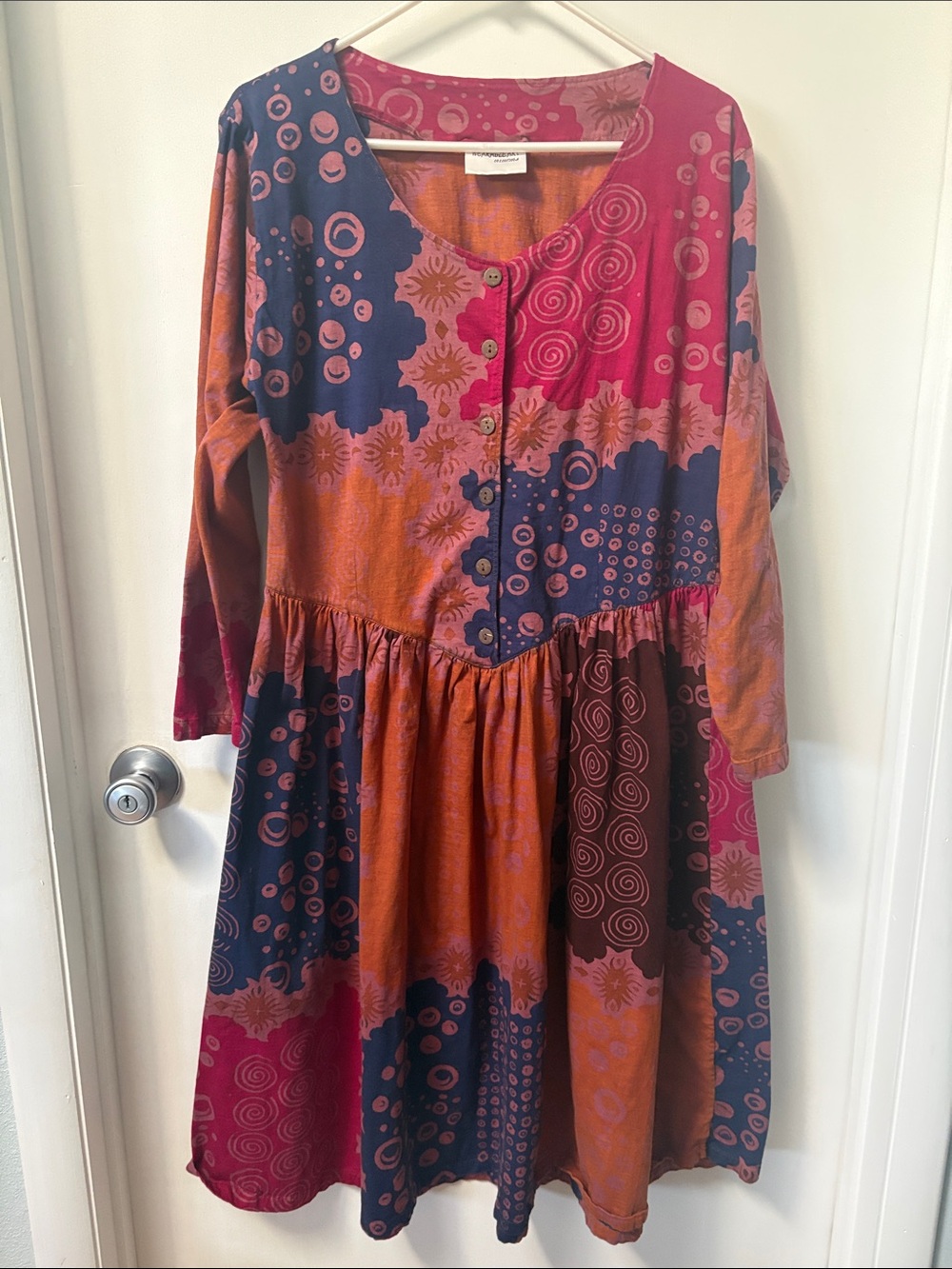 Swift Wearsble Art Collection Colorful Batik Midi Dress in Pink, Orange & Navy